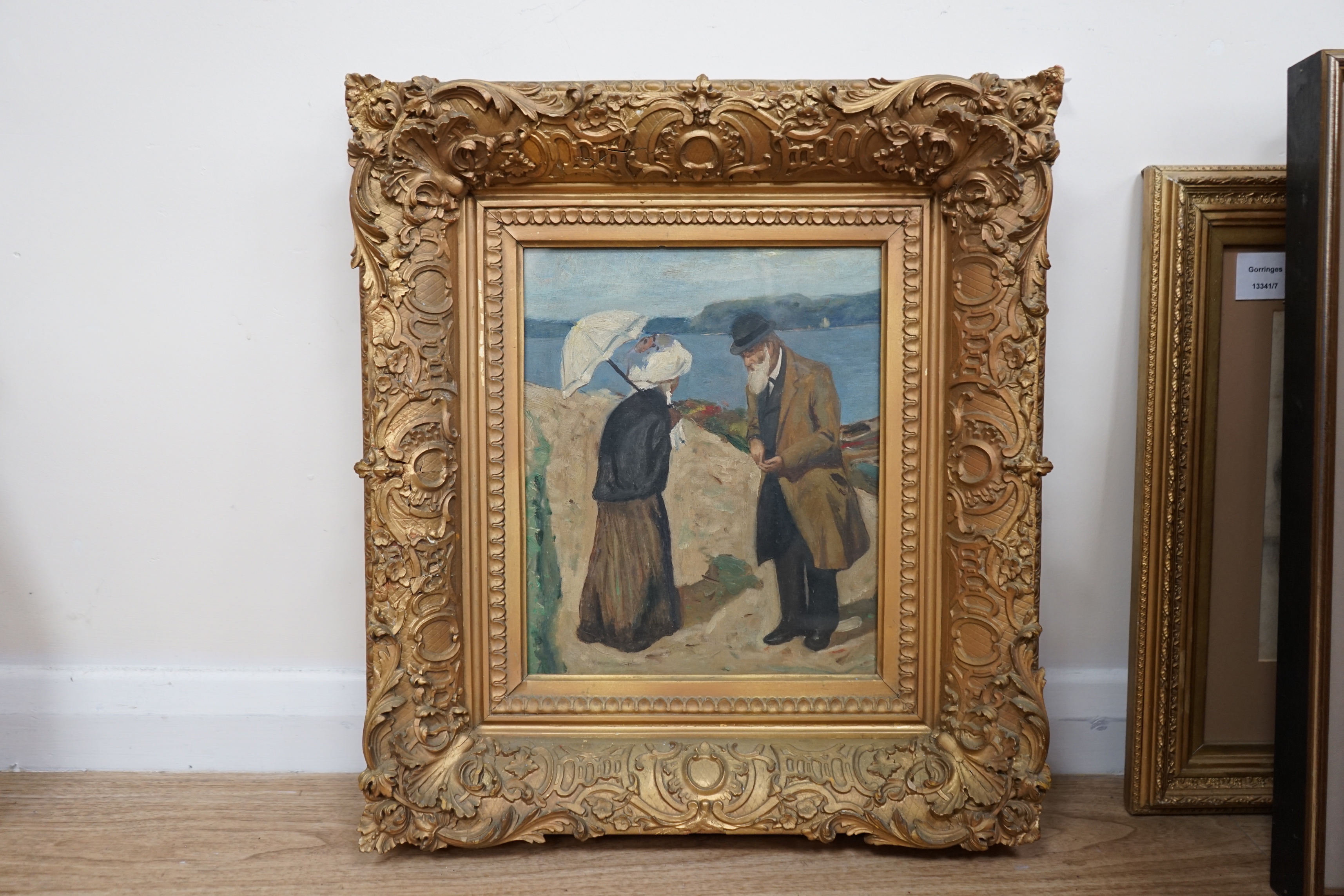 Impressionist oil on canvas board, Study of a couple in conversation, 29 x 24cm, ornate gilt framed